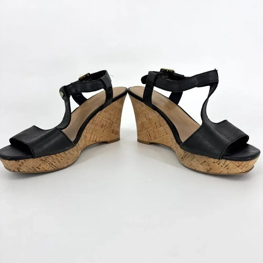 Franco Sarto Corridor Leather‎ T-Strap Cork Wedge Sandals Black Size 7.5